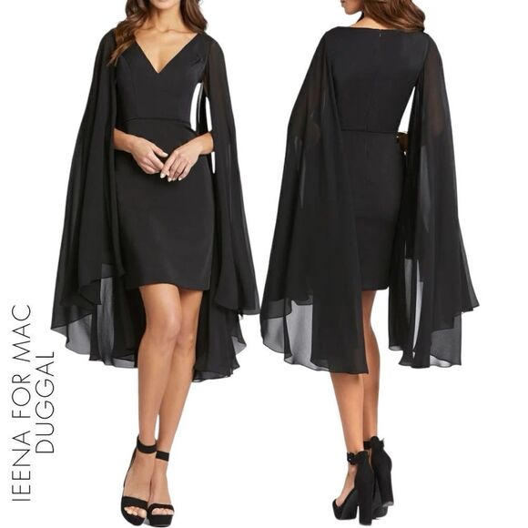 MAC DUGGAL Ieena by Mac Duggal Women’s Cape Sleeves V Neck Fitted Dress Size 2 - Picture 1 of 9